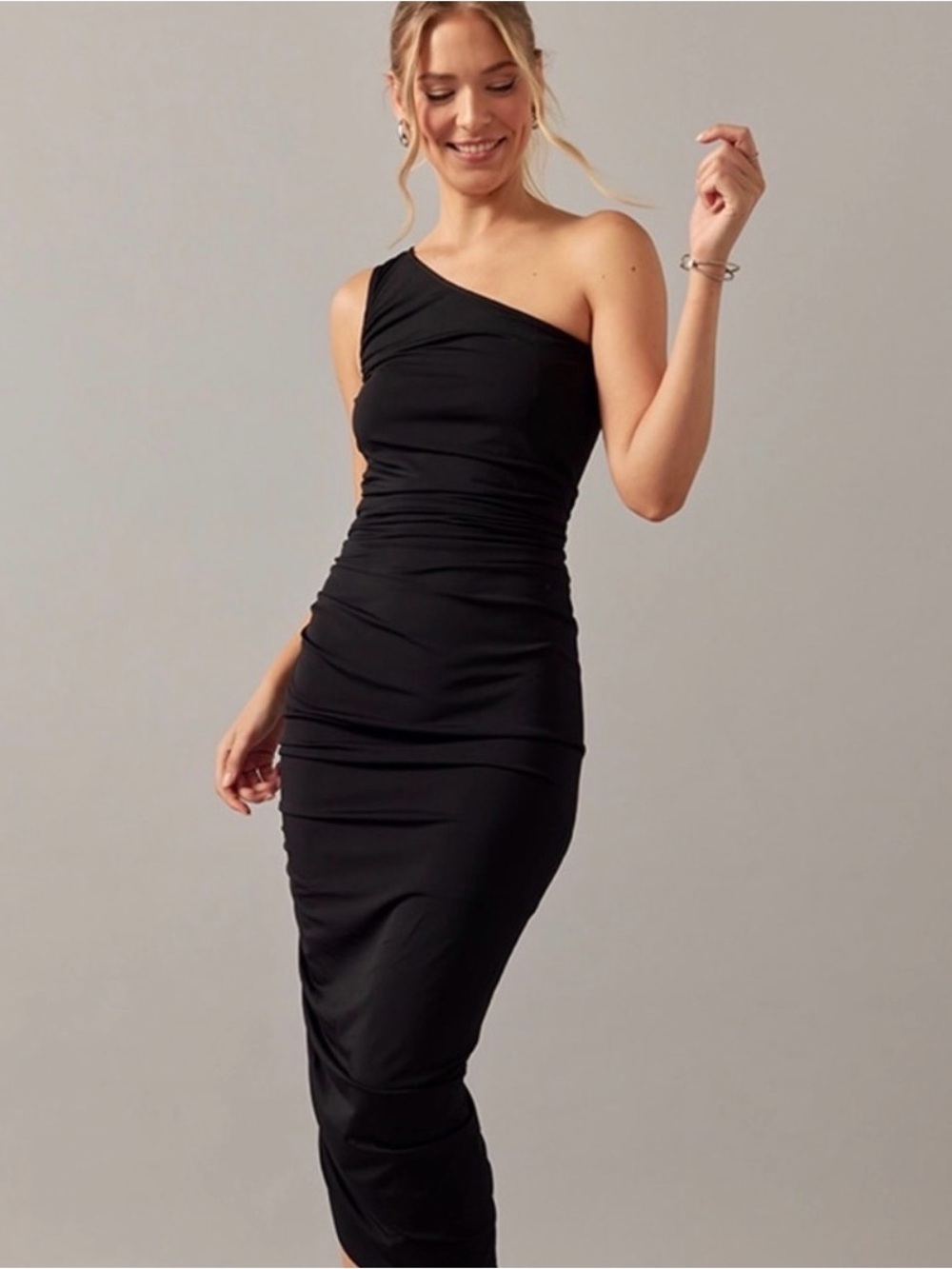 Francesca's Collections Black One-Shoulder Ruched Dress NWT